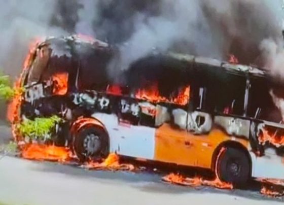 Ônibus "amarelinho" pega fogo na Avenida Orlando Gomes